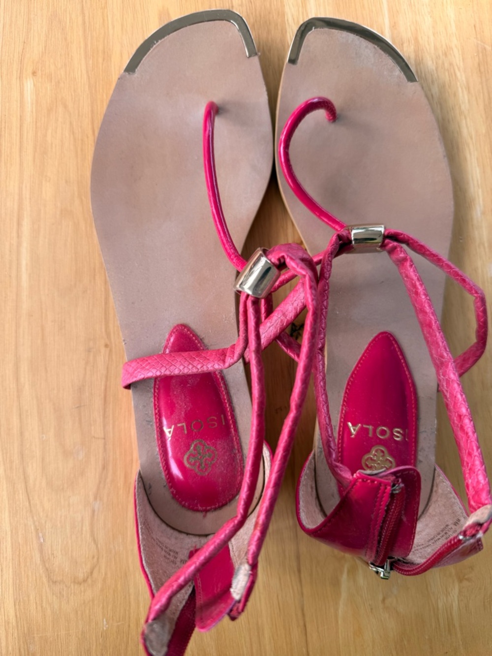 Isola Hot Pink Wrap Lace Leather Sandals with Metallic Accents